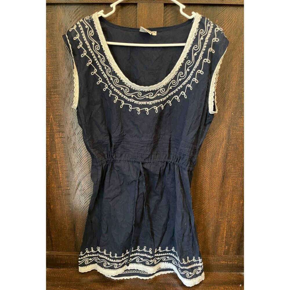 summer Embroidered Boho Tunic Top M | Navy Cotton Peasant Blouse Cottagecore